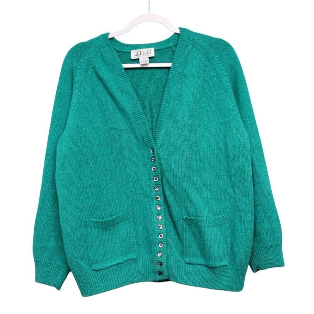Vintage 80s 90s Cardigan Sweater Size Large Ramie Cotton Knit Teal Grandpa Retro